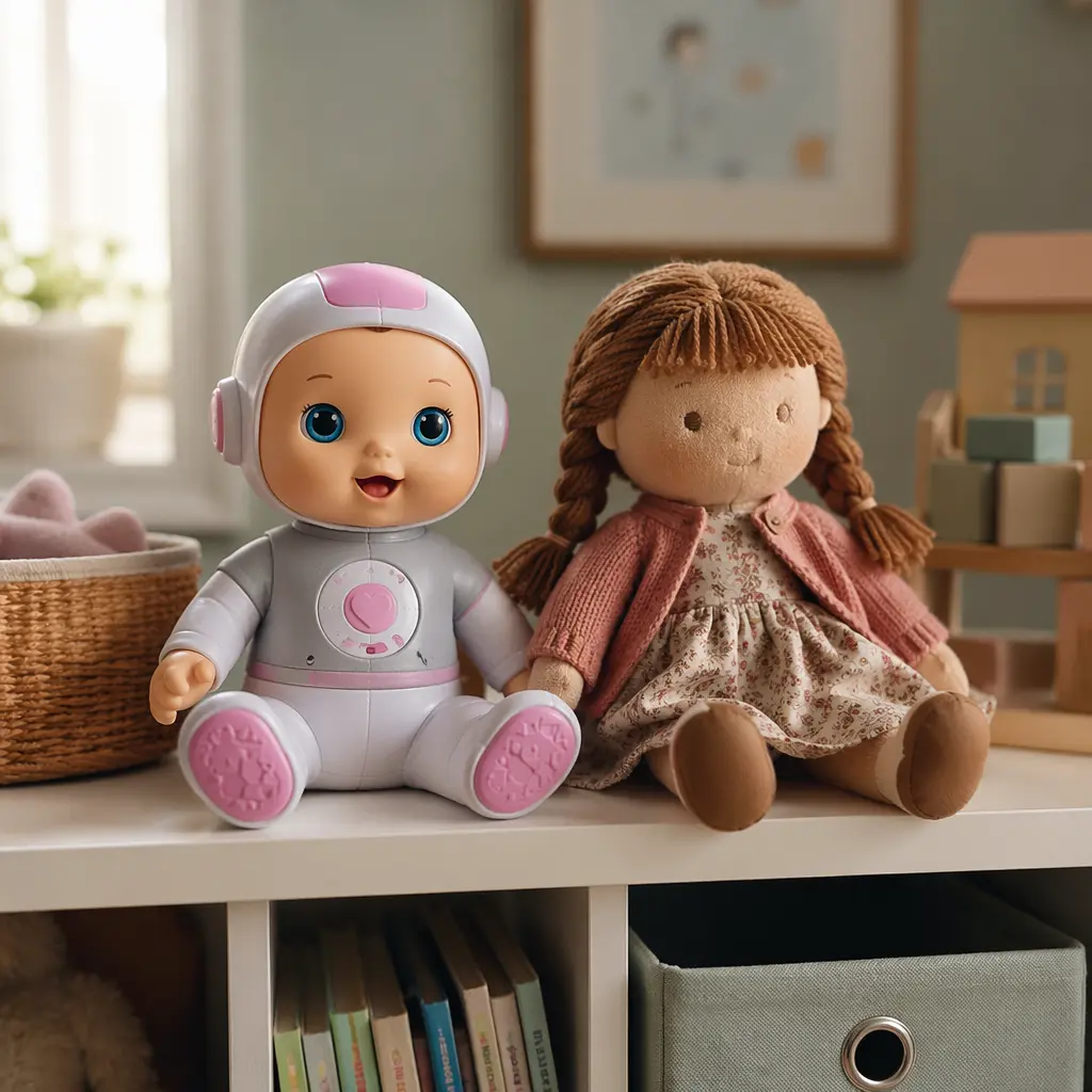 Interactive doll and classic doll displayed side by side on a shelf