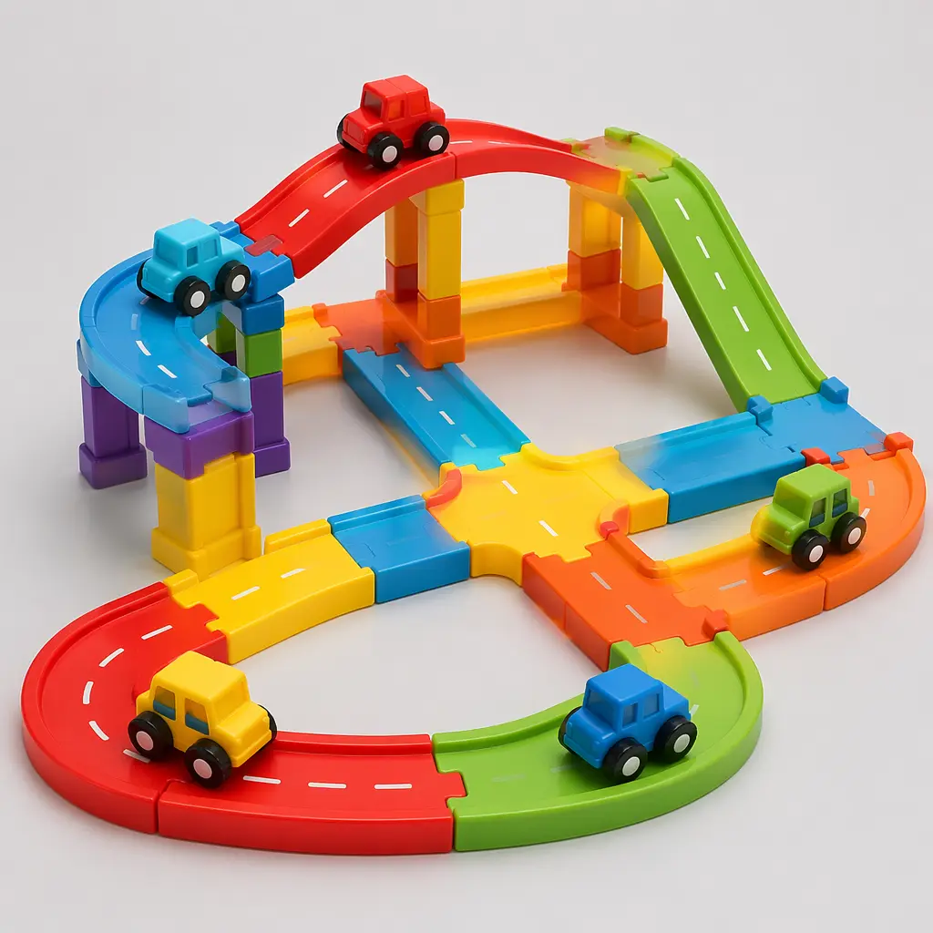 A modular toddler car track with bright plastic pieces and small vehicles