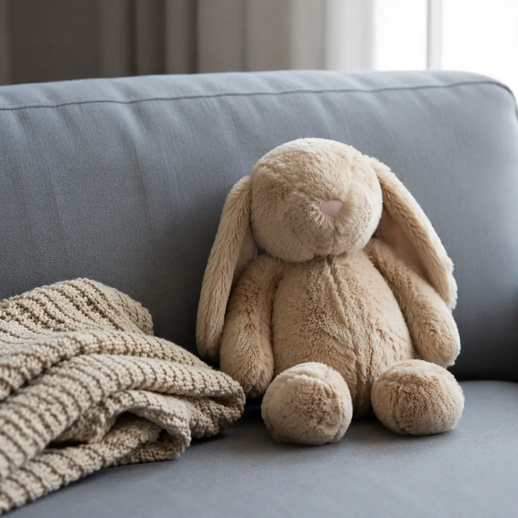 A soft plush animal toy on a sofa, styled to suggest warmth and comfort