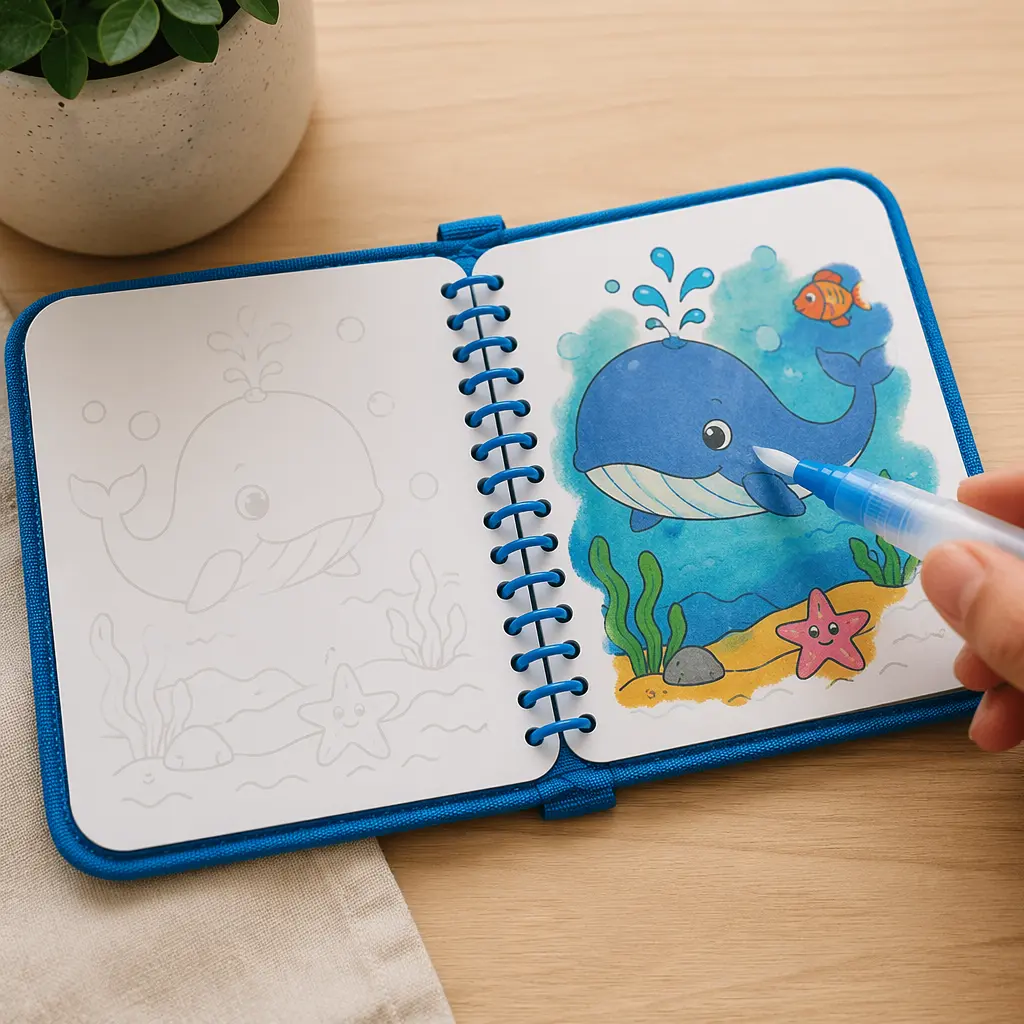 A reusable water-reveal painting book with colours appearing as water is brushed on the page