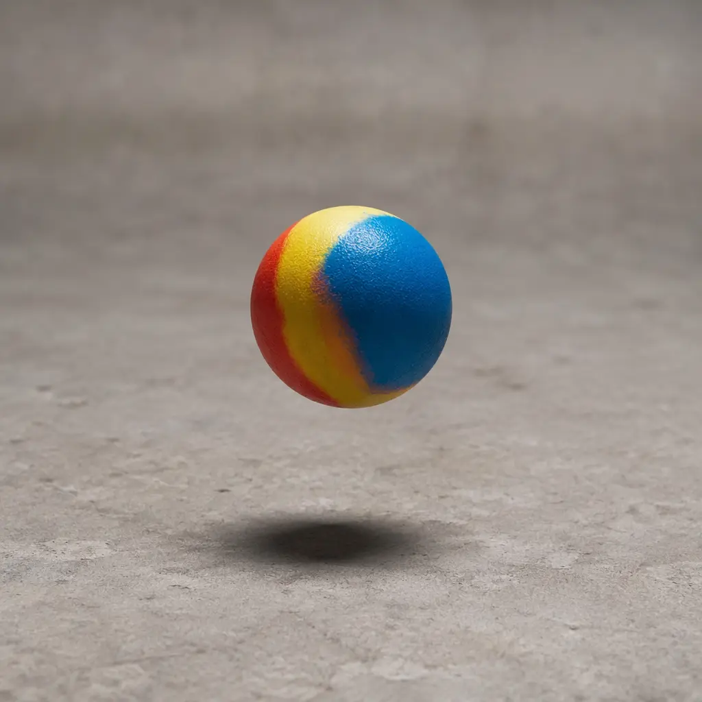 A brightly colored rubber ball captured mid-bounce above a hard surface.