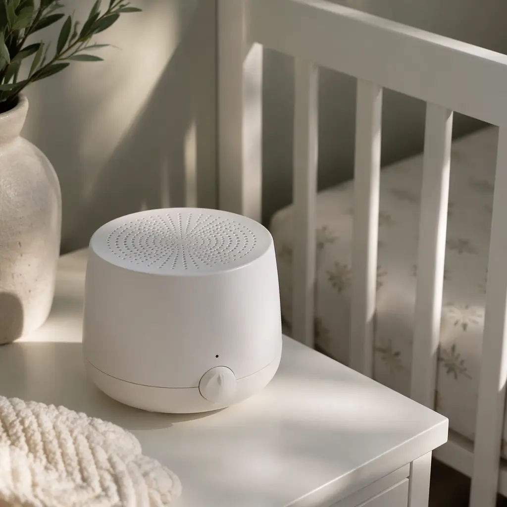 White noise machine placed near a crib in a neutral nursery