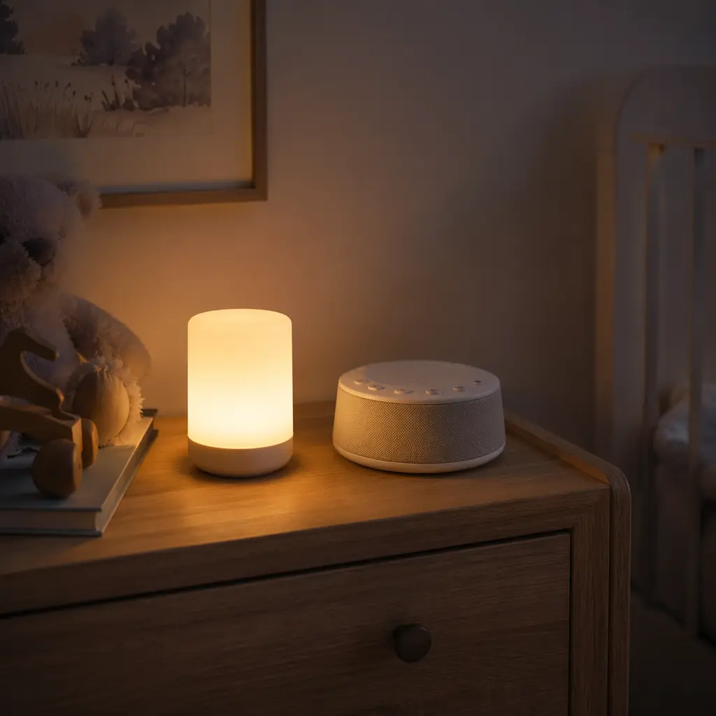 Simple nighttime nursery setup with dim light and sound machine