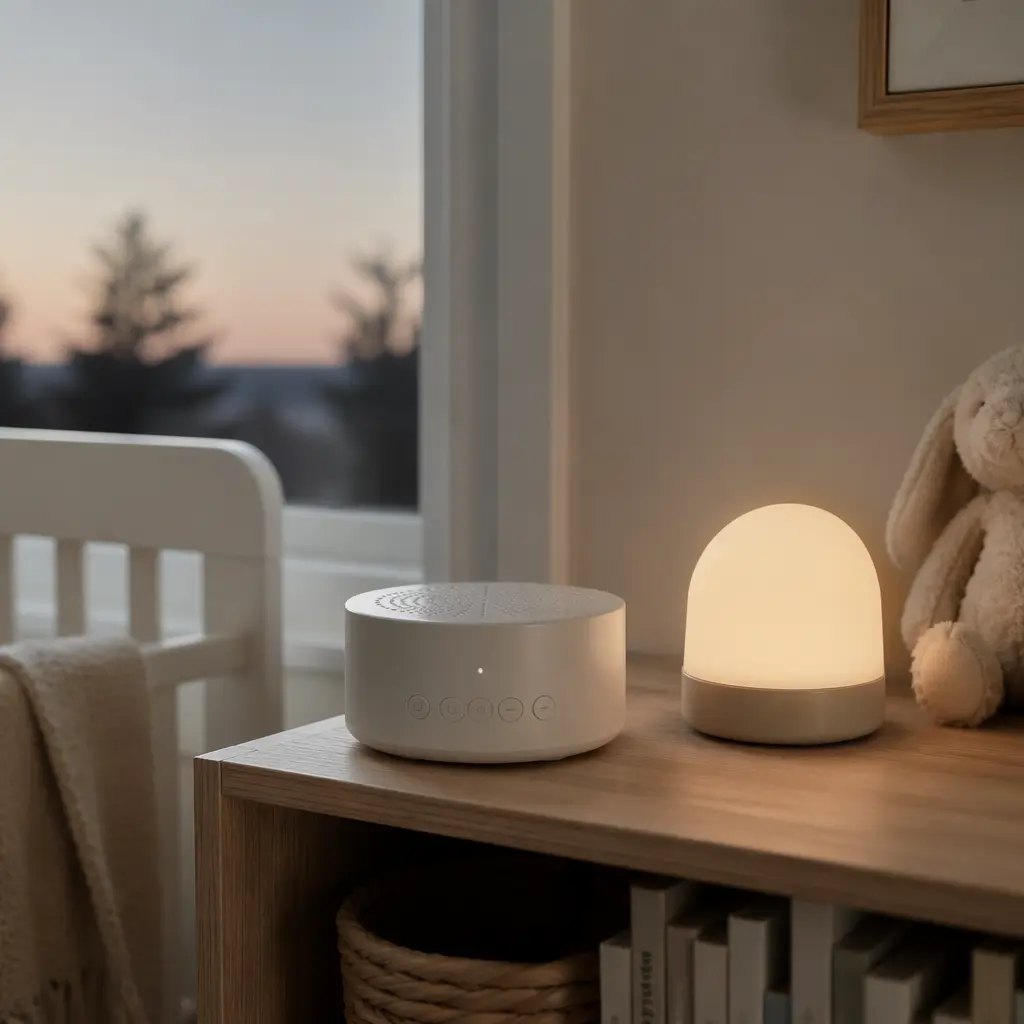Calm nursery setup with a white noise device and soft night light