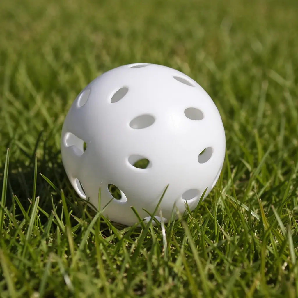A classic white perforated plastic ball on grass in sunlight