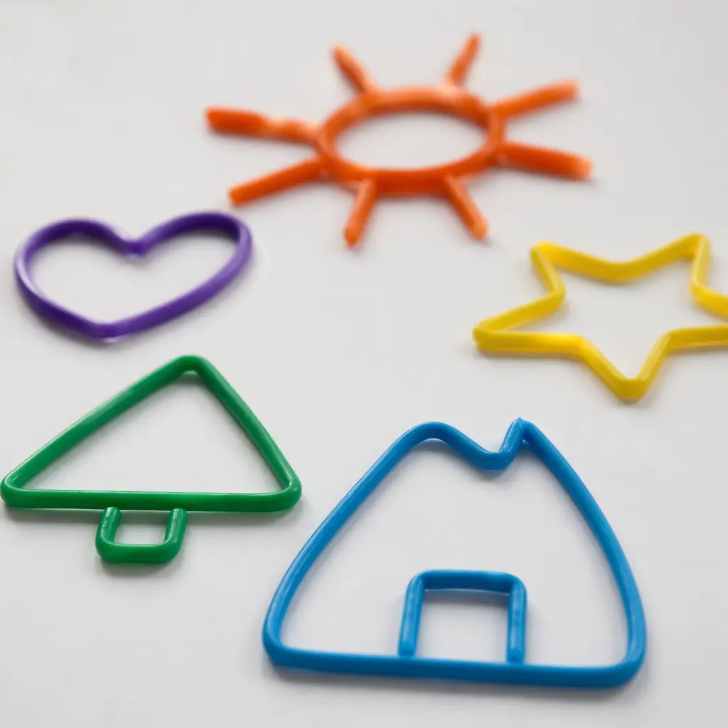 Colorful bendable wax sticks arranged into simple shapes on a table