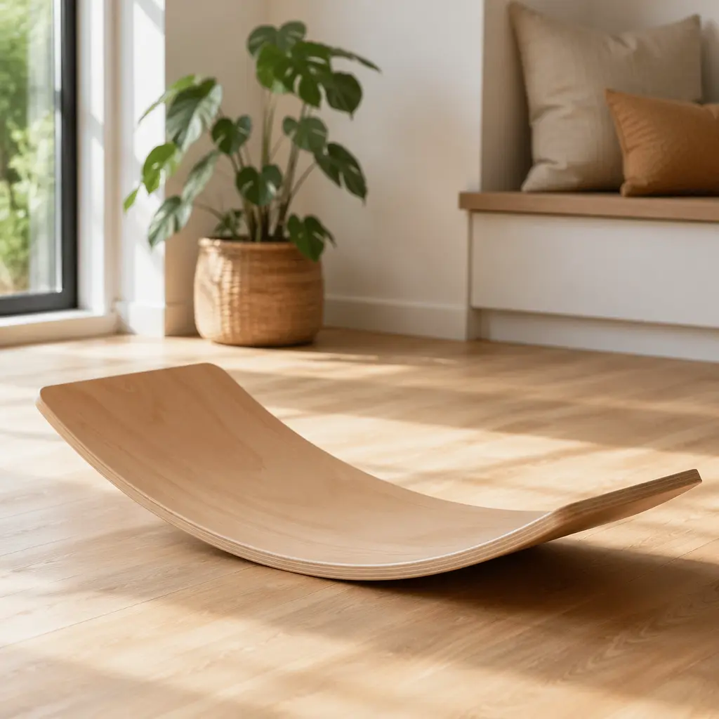A curved wooden balance board resting on a light wood floor in a simple room