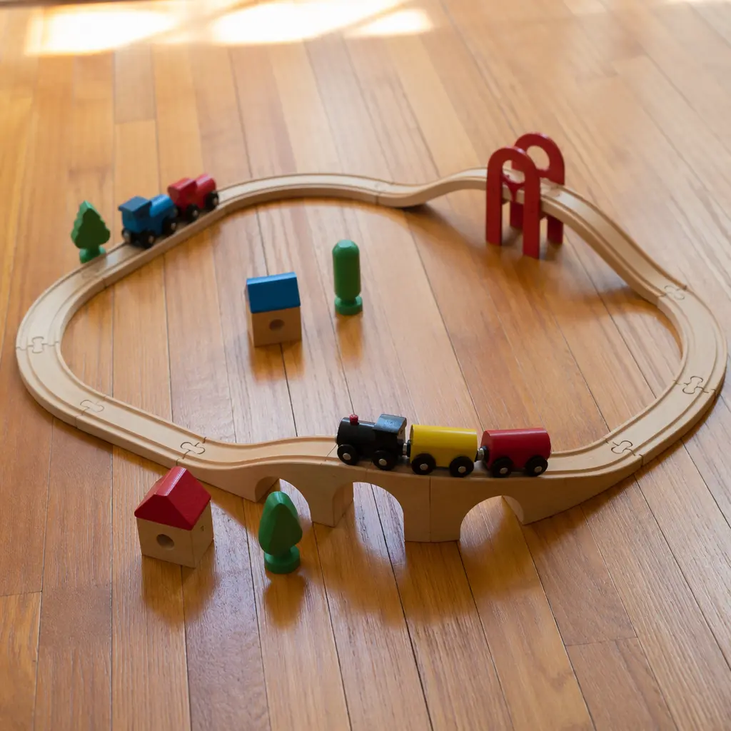A simple wooden train set arranged on a wooden floor with tracks and trains