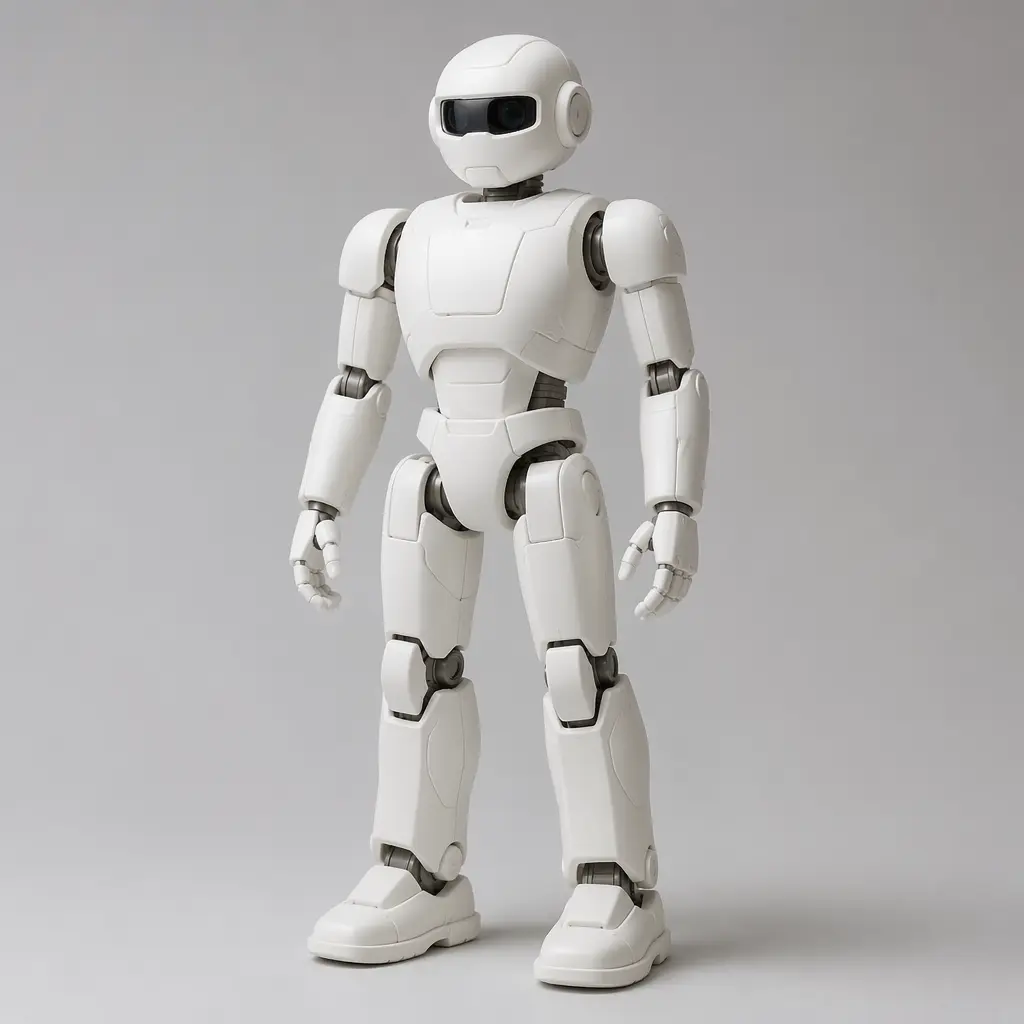 A humanoid robot toy standing upright in a clean studio setting
