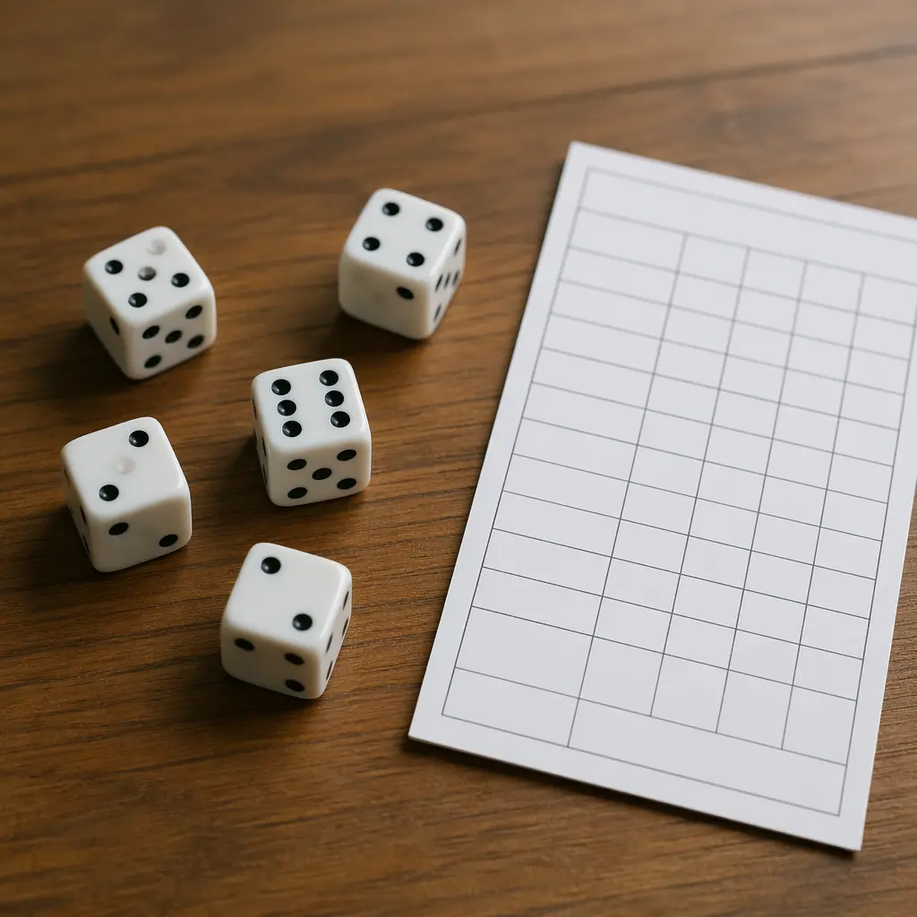 Five dice and a blank scorecard on a table, representing the classic dice game Yahtzee