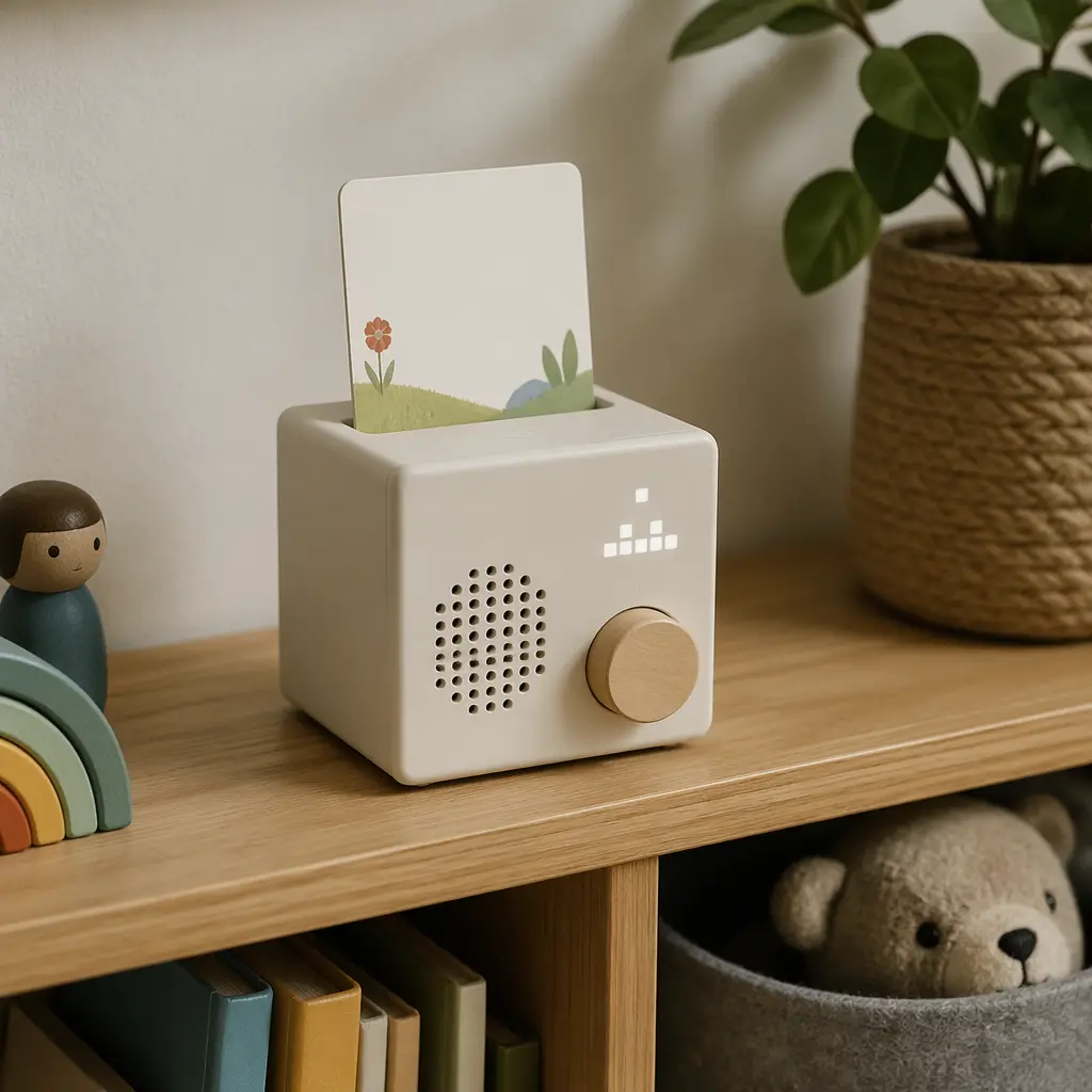 A simple screen-free audio player designed for children, shown with an audio card