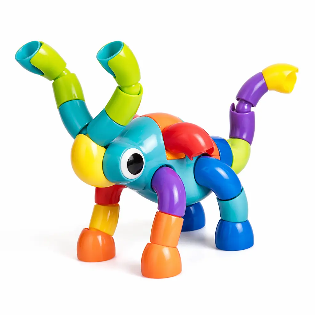 Colorful snap-and-socket construction toy assembled into a flexible creature shape