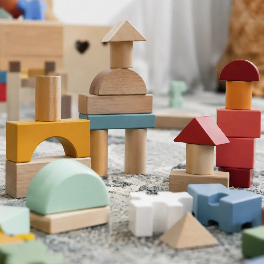 Open-ended building pieces assembled into creative shapes on a floor