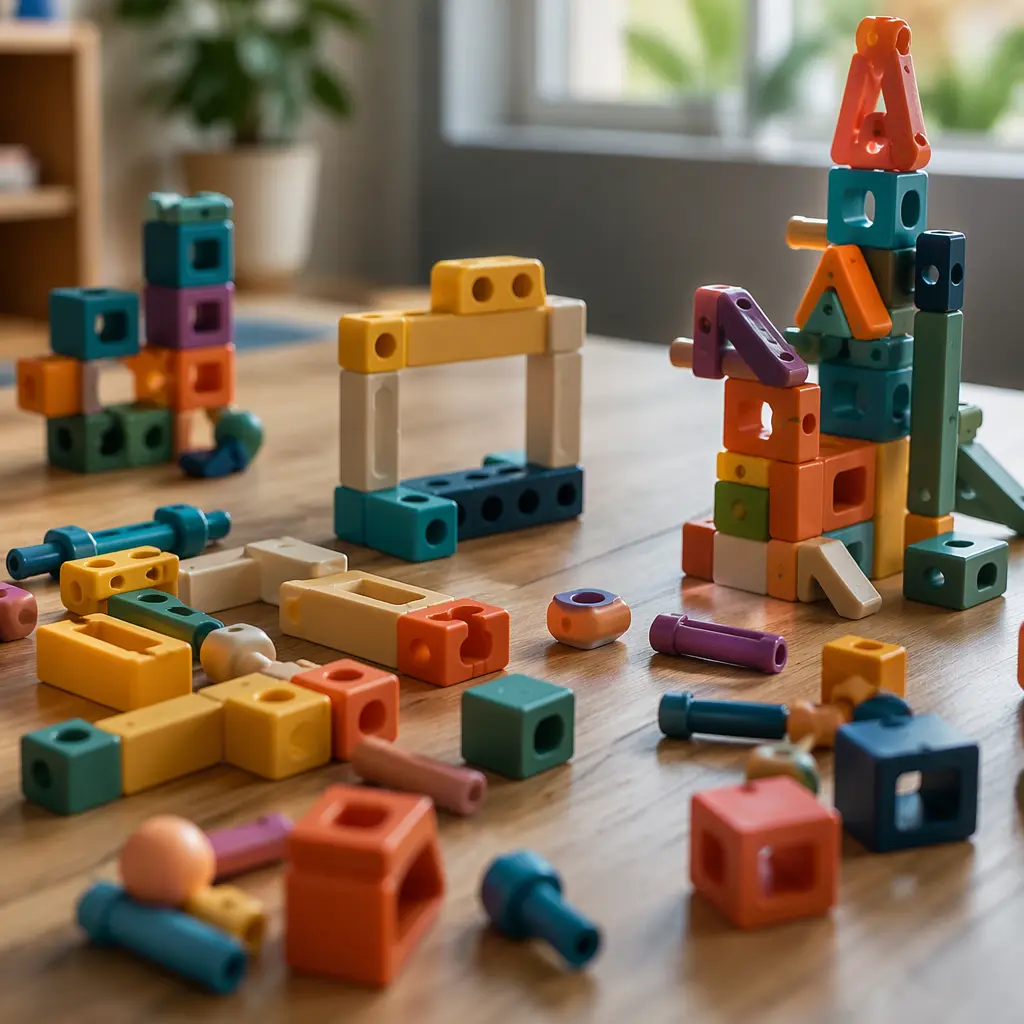 Assorted open-ended building pieces arranged into creative structures on a table