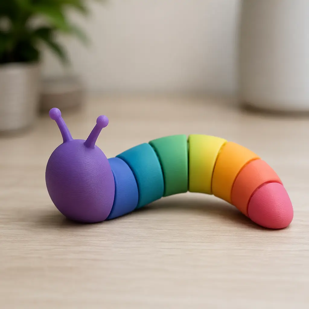 A segmented, articulated fidget slug toy on a desk