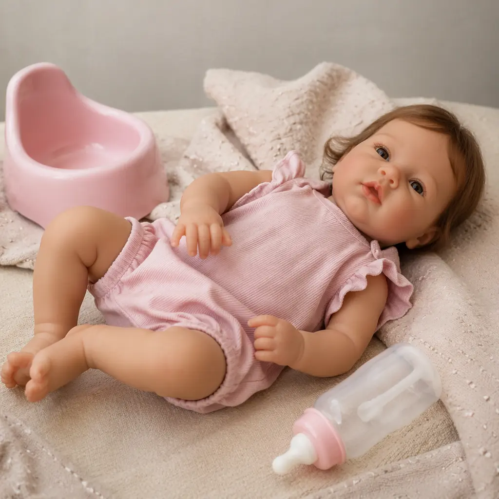 A lifelike baby doll posed with simple care accessories like a bottle and potty