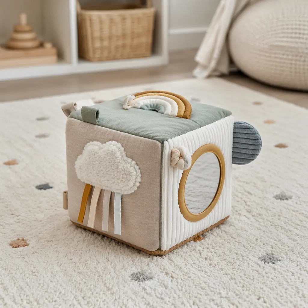 Soft activity cube offering sensory cause and effect play