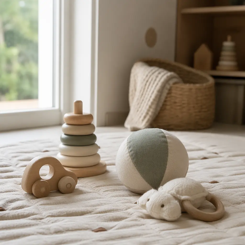 Fabric and wooden toys arranged on a baby play mat in natural light