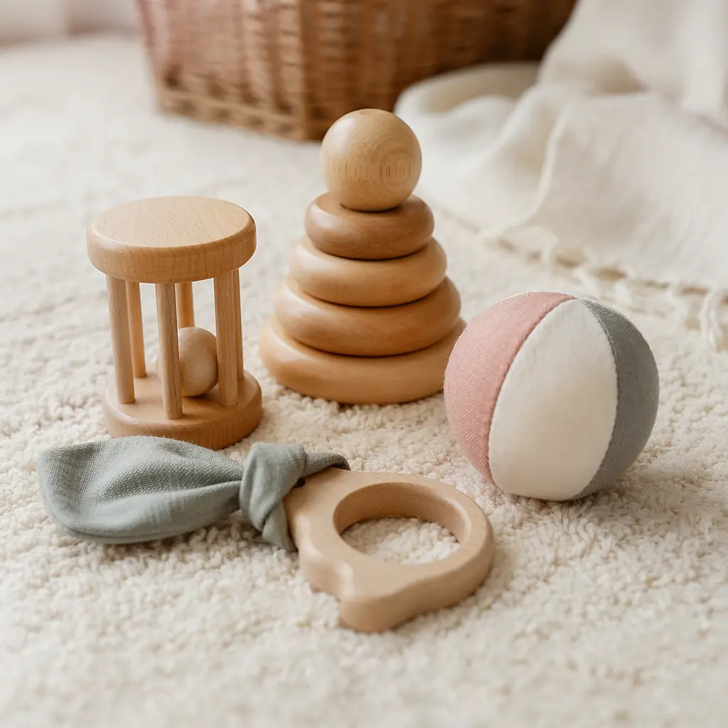 Simple wooden and fabric baby toys arranged on a nursery floor