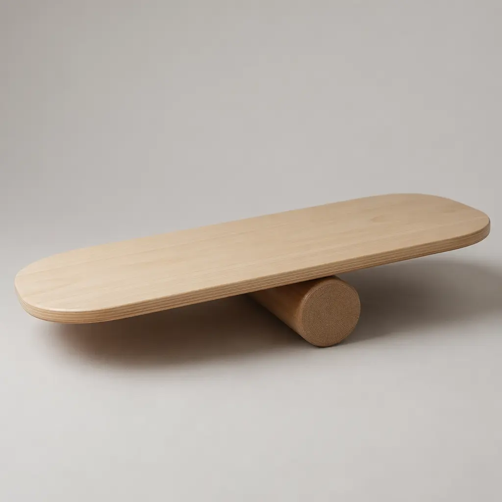 A simple wooden balance board resting on a cylindrical roller