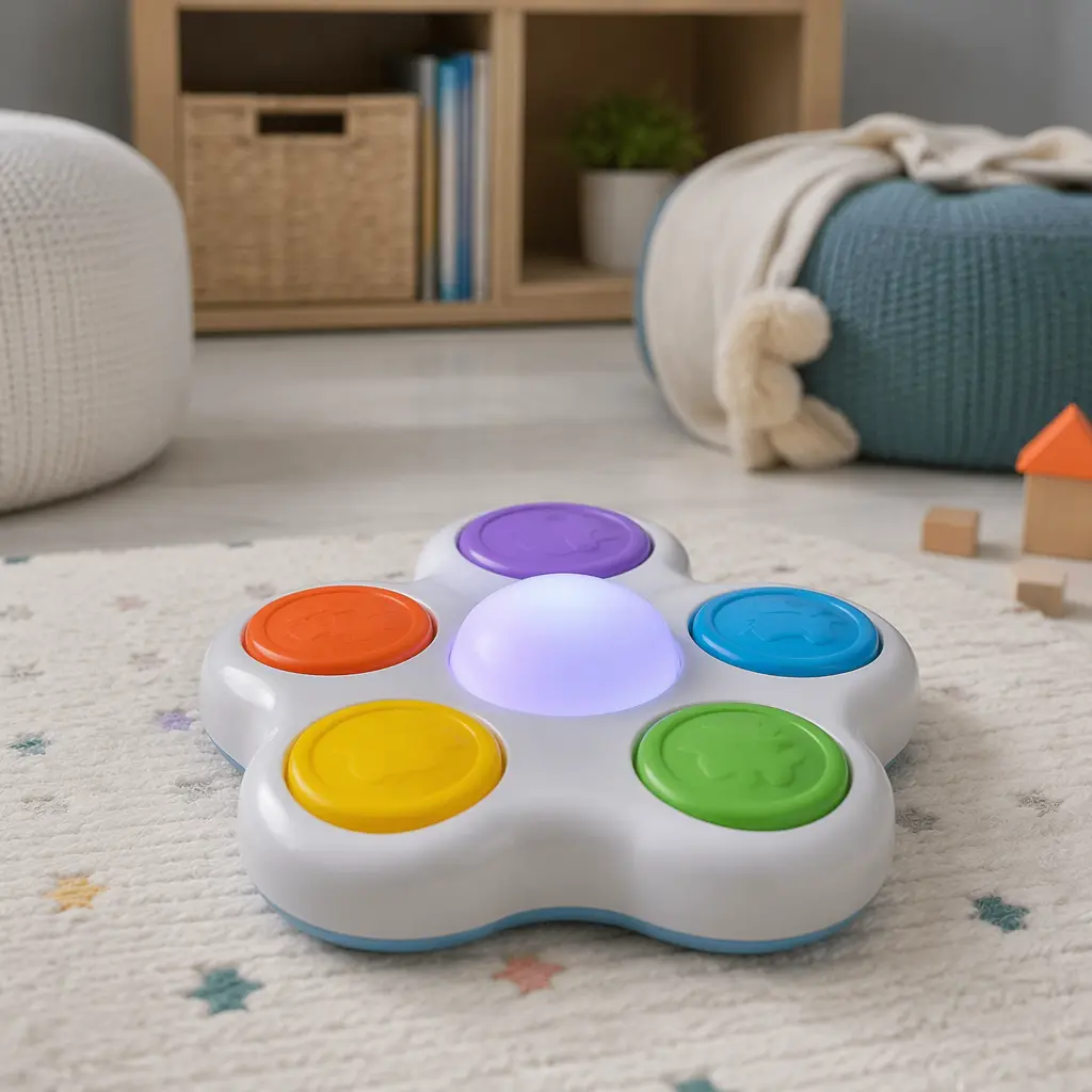 Simple electronic learning toy with large buttons and lights in a playroom