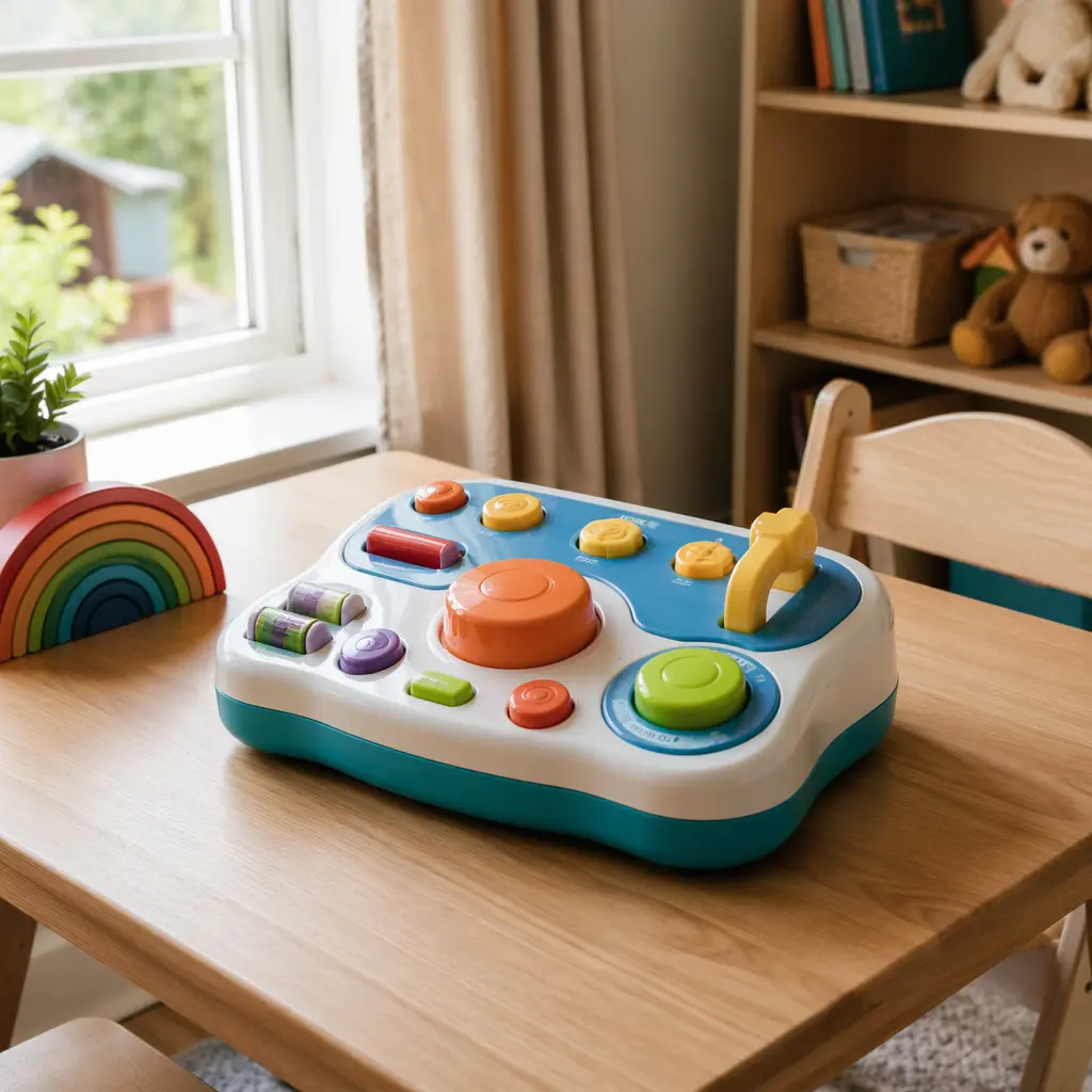 Preschool electronic toy on a small table near a window