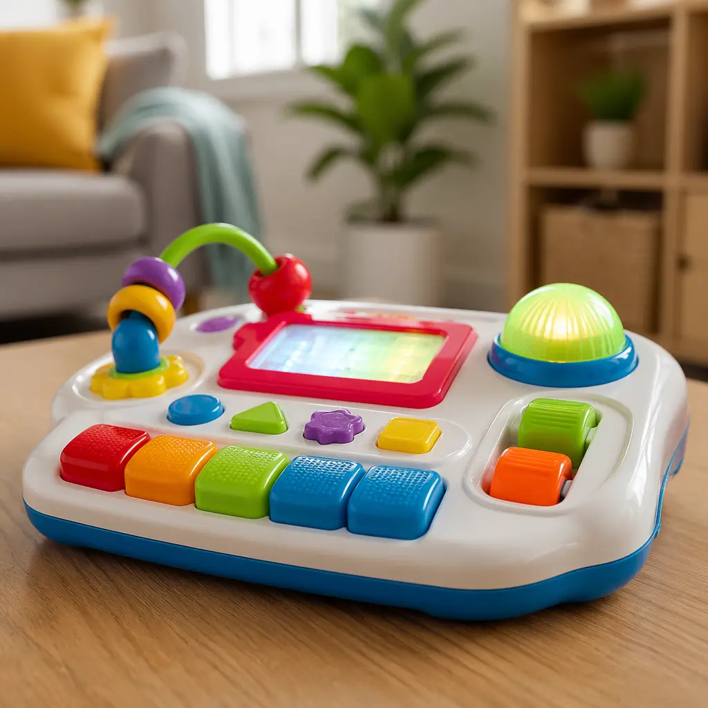 Colorful preschool electronic toy with large buttons and lights on a table