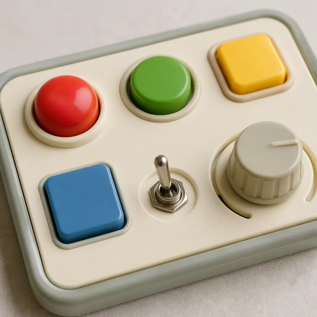 Close-up of chunky buttons, a toggle switch, and a dial on a simple electronic toy