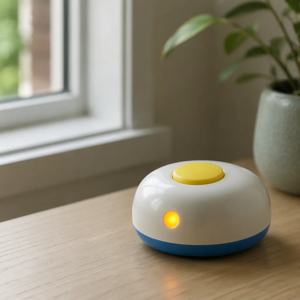 Minimal electronic toy with one button and light on a tabletop