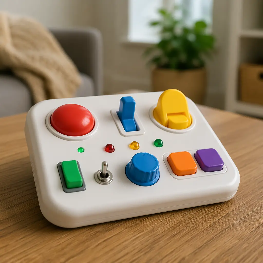 Simple electronic activity toy with large buttons in soft natural light
