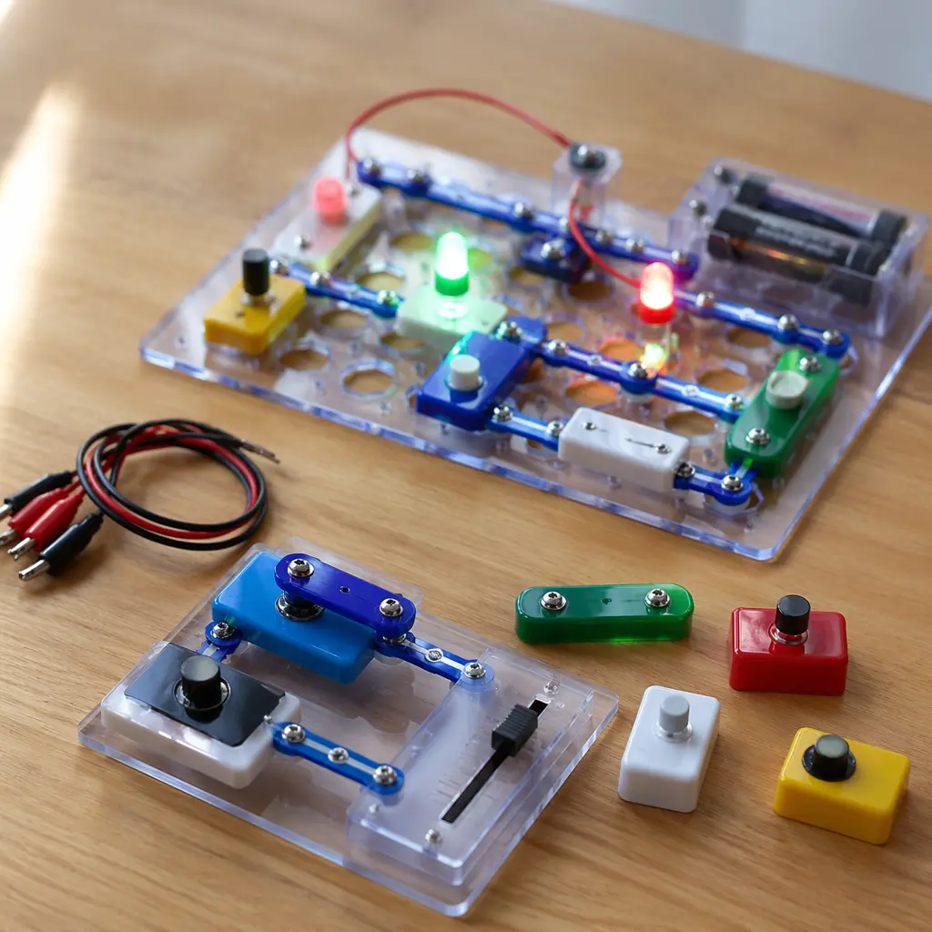 Snap-together circuit pieces and LEDs arranged on a table