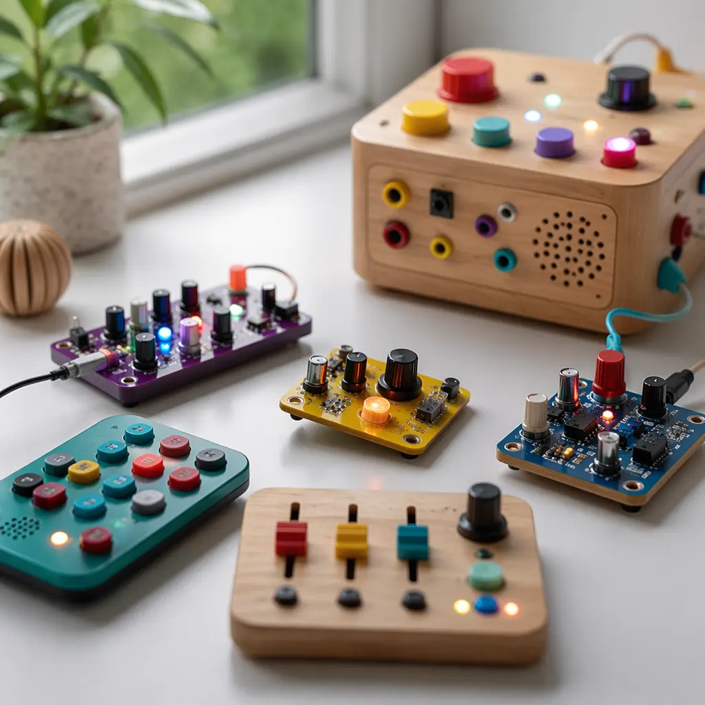 Screen-free electronic toy components arranged on a desk in soft natural light