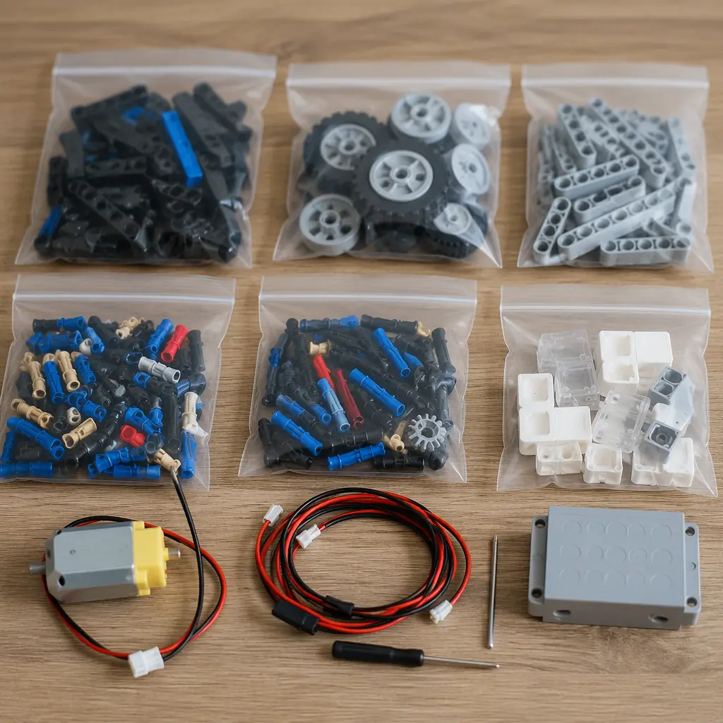 Organized STEM kit parts laid out before assembly