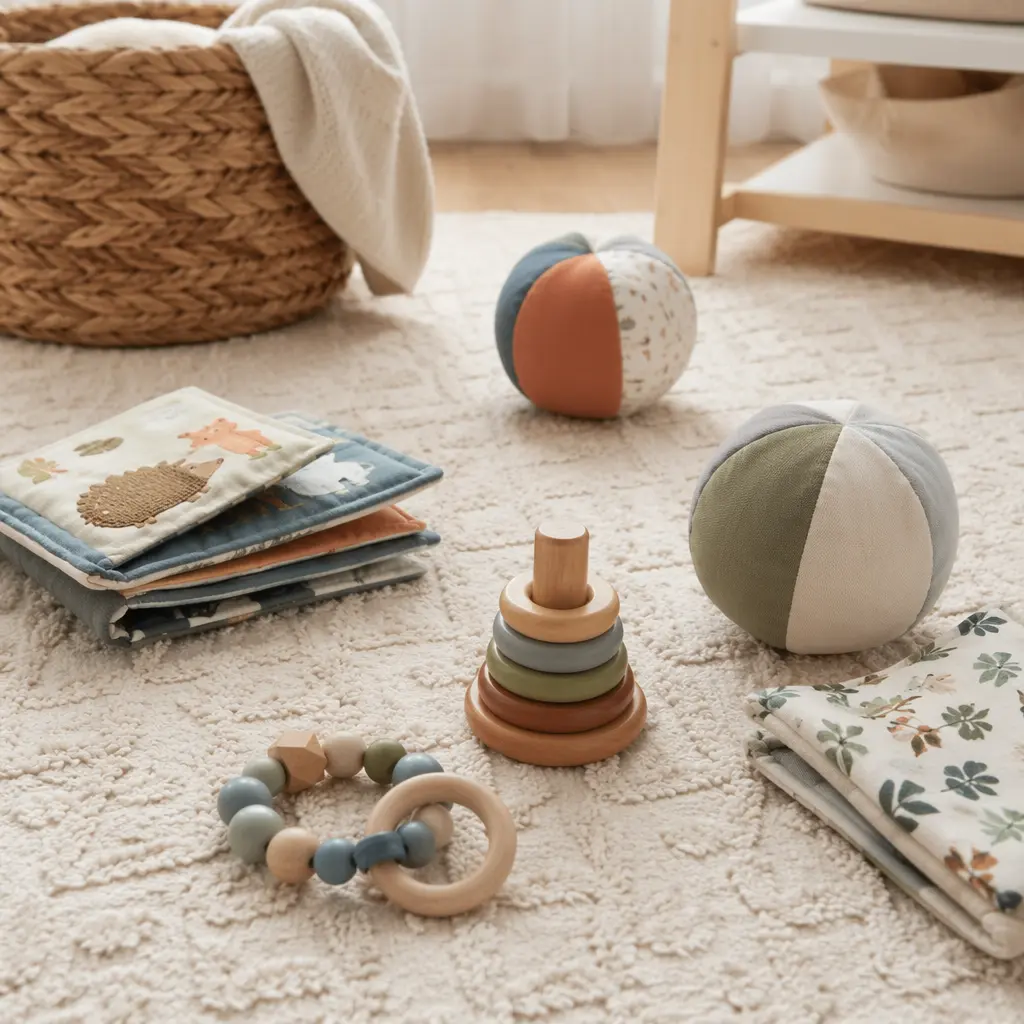 Classic battery-free baby toys on a nursery rug