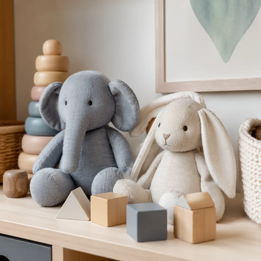 Soft fabric and wooden baby toys displayed on a shelf