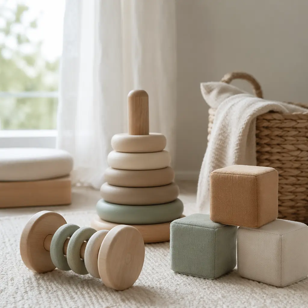 Simple battery-free baby toys made from wood and fabric in soft natural light