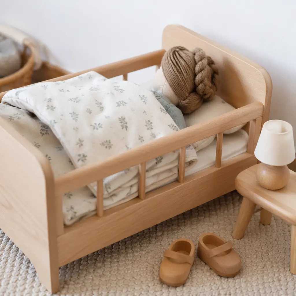 Plush doll resting in a simple doll bed with blanket and wooden accessories