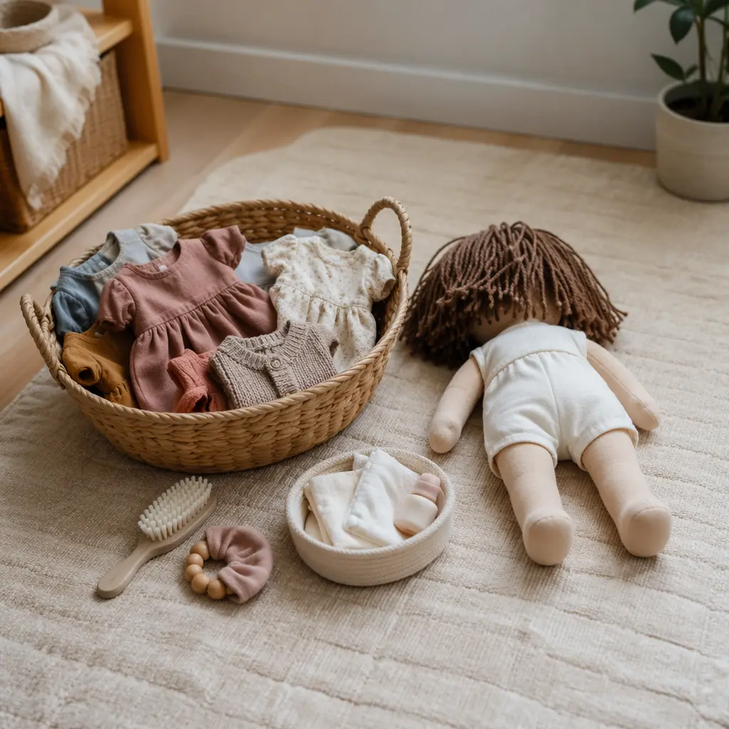 Organized play area with doll clothes and non-electronic care accessories