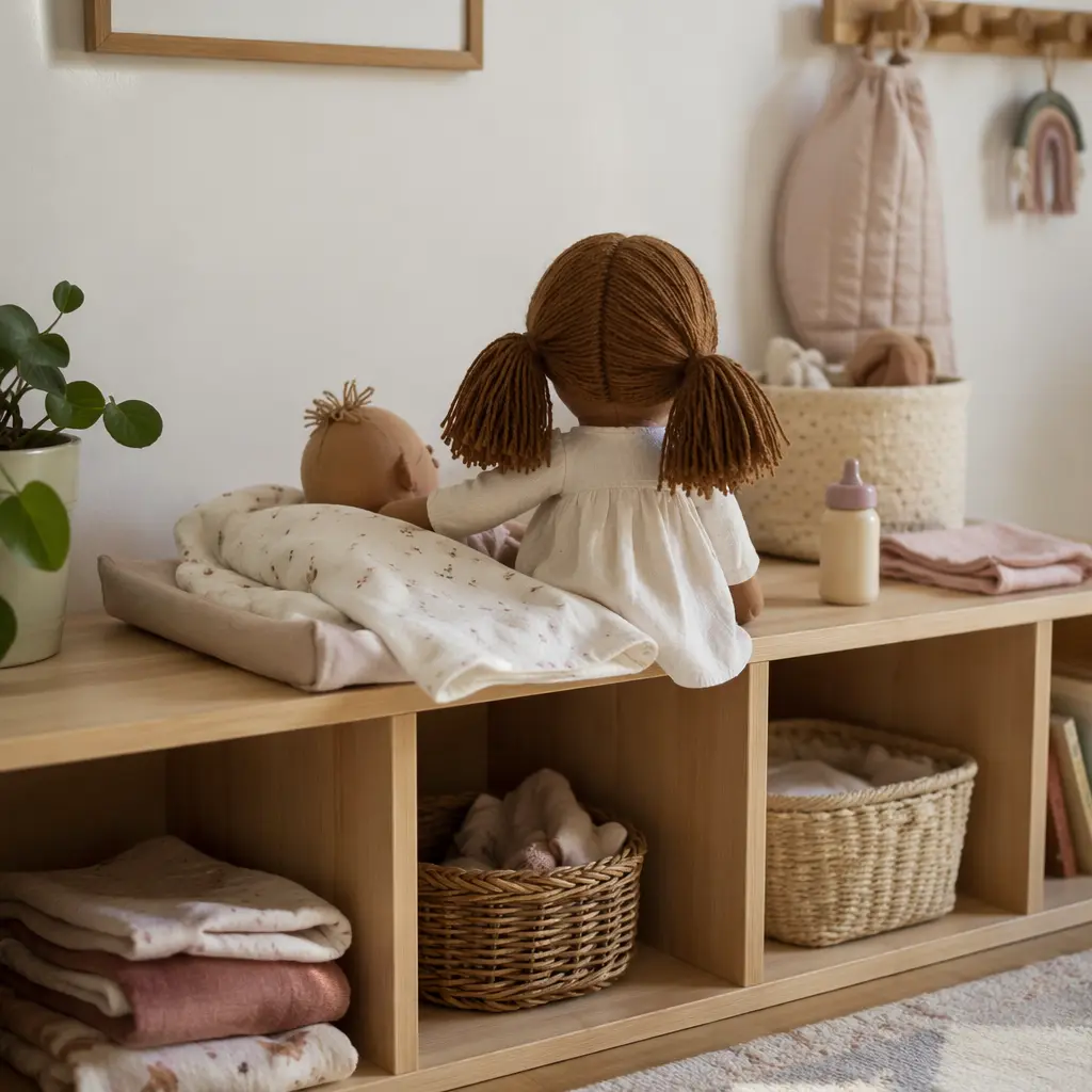 Non-electronic doll care setup with cloth dolls and accessories in a softly lit playroom
