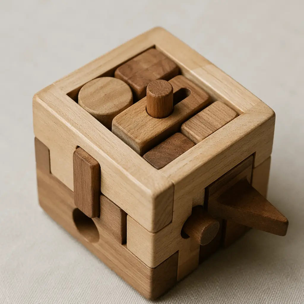 Wooden mechanical puzzle with interlocking pieces on a tabletop
