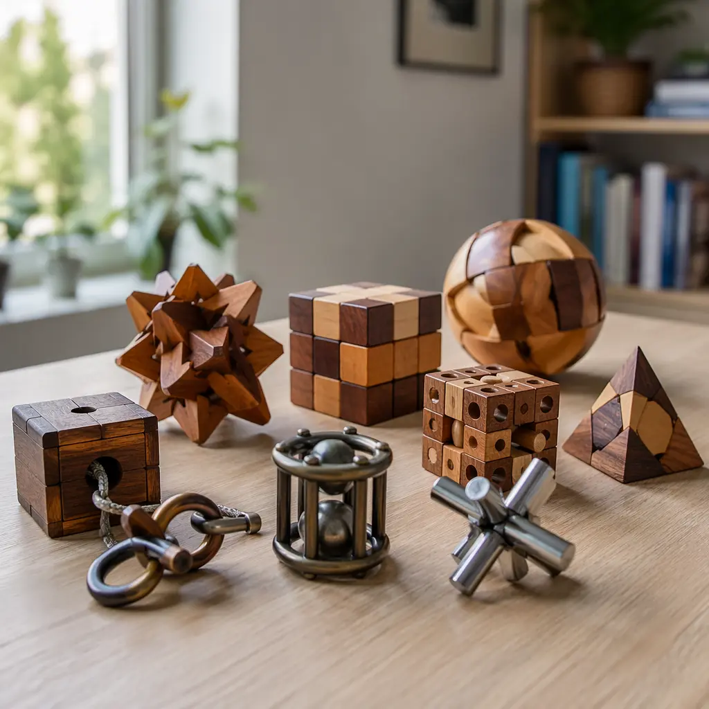 Assorted wooden and metal mechanical puzzle toys on a table in soft natural light