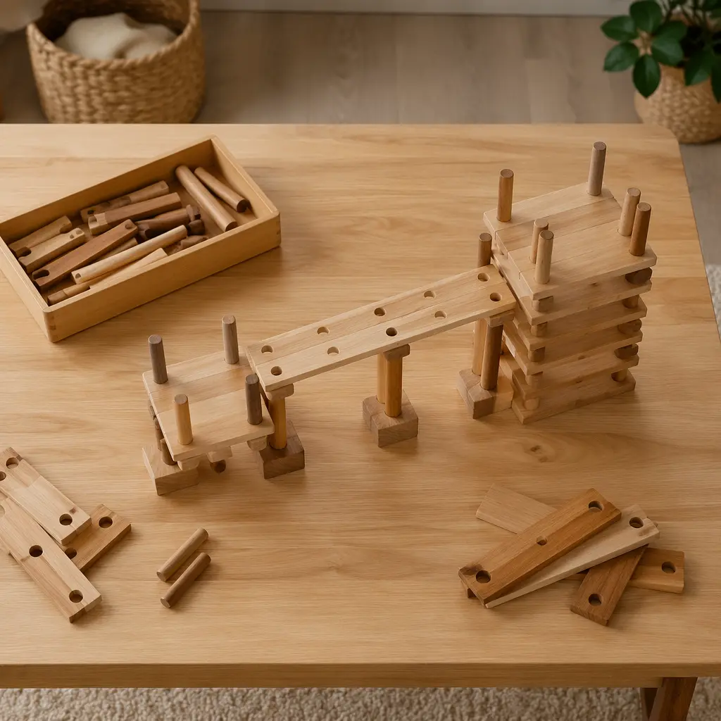 Wooden construction pieces arranged into a simple bridge and tower