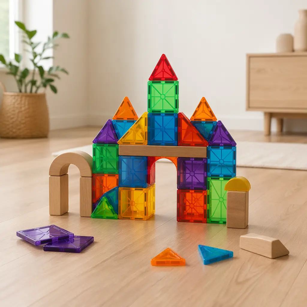 Geometric structure built from colorful magnetic-style tiles