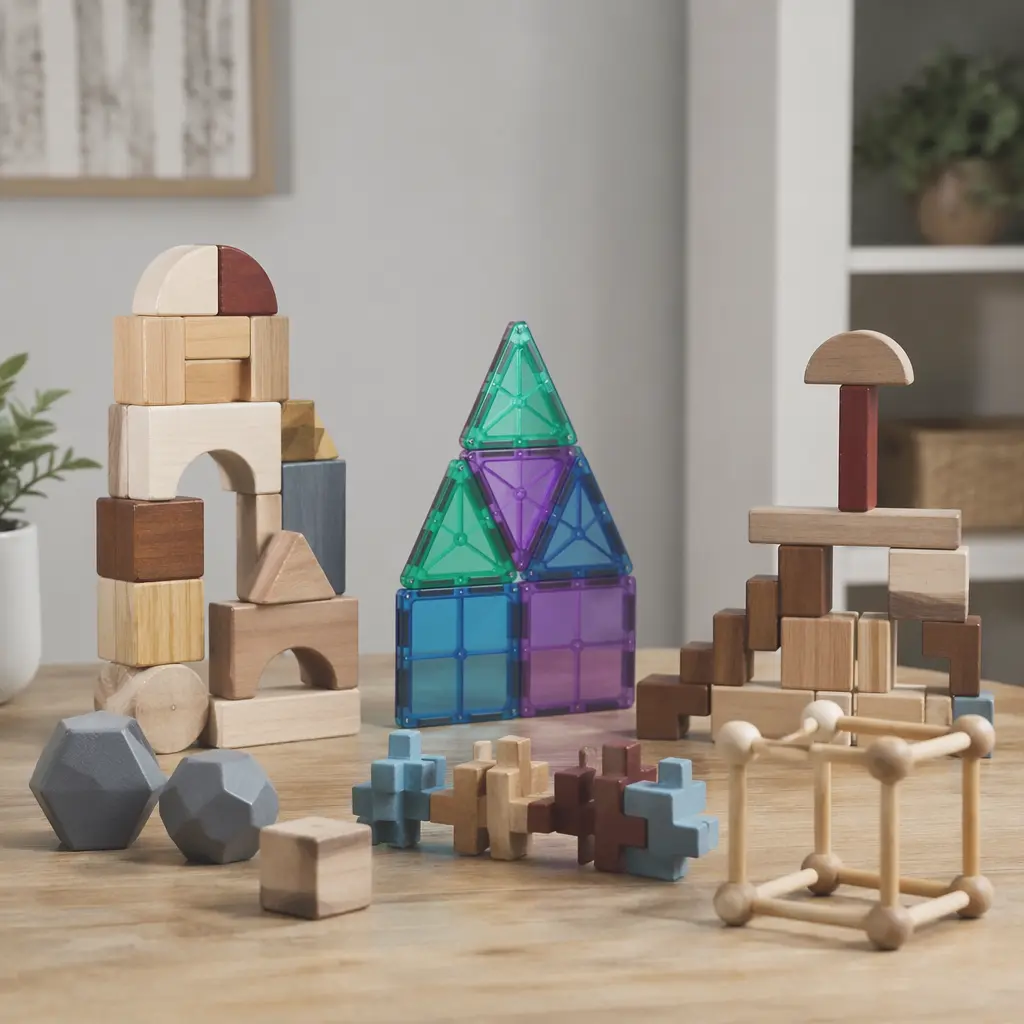 Assorted no-battery building toys arranged into creative structures