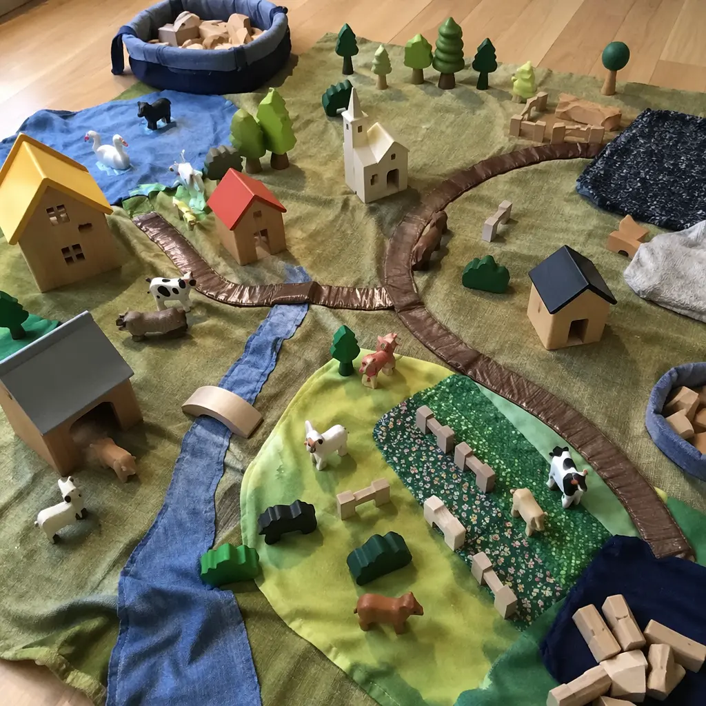 Pretend play setup with small figures and buildings arranged as an imaginary town