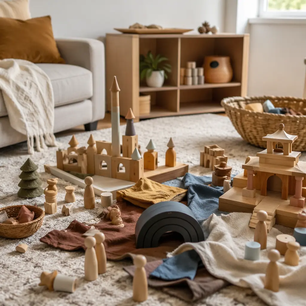 Open-ended pretend play toys arranged for imaginative storytelling on a living room floor