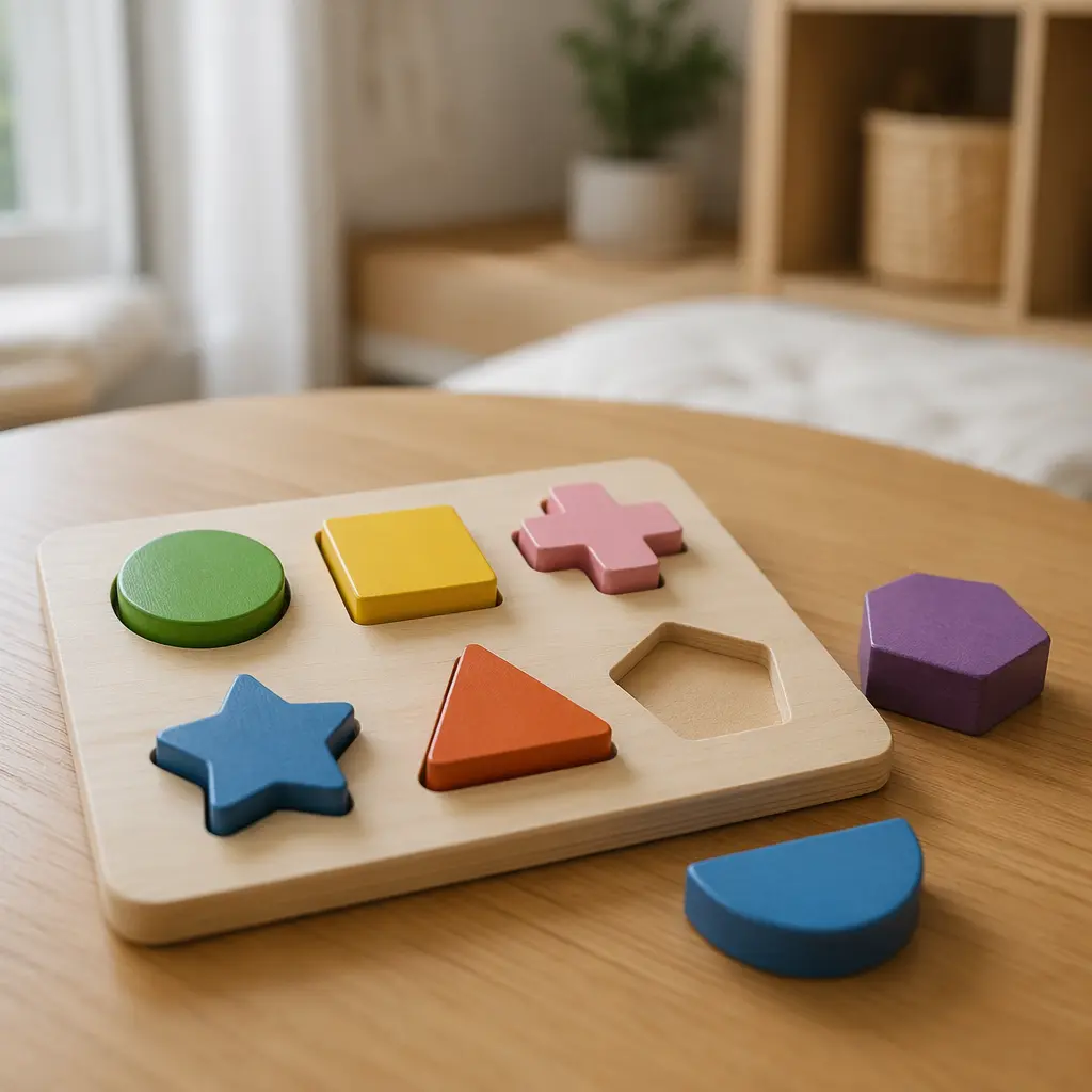 Close-up of a shape-sorting puzzle in progress on a table