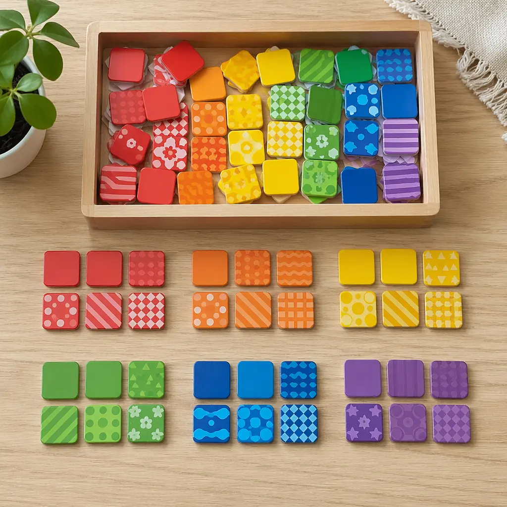 Overhead view of a color and pattern matching puzzle sorted into groups