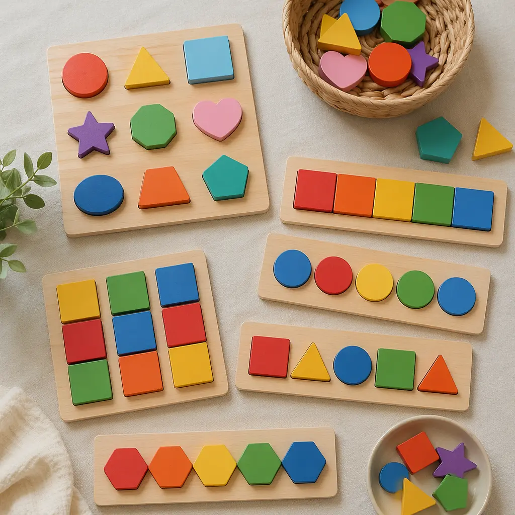 Colorful sorting and matching puzzle toys arranged neatly on a table