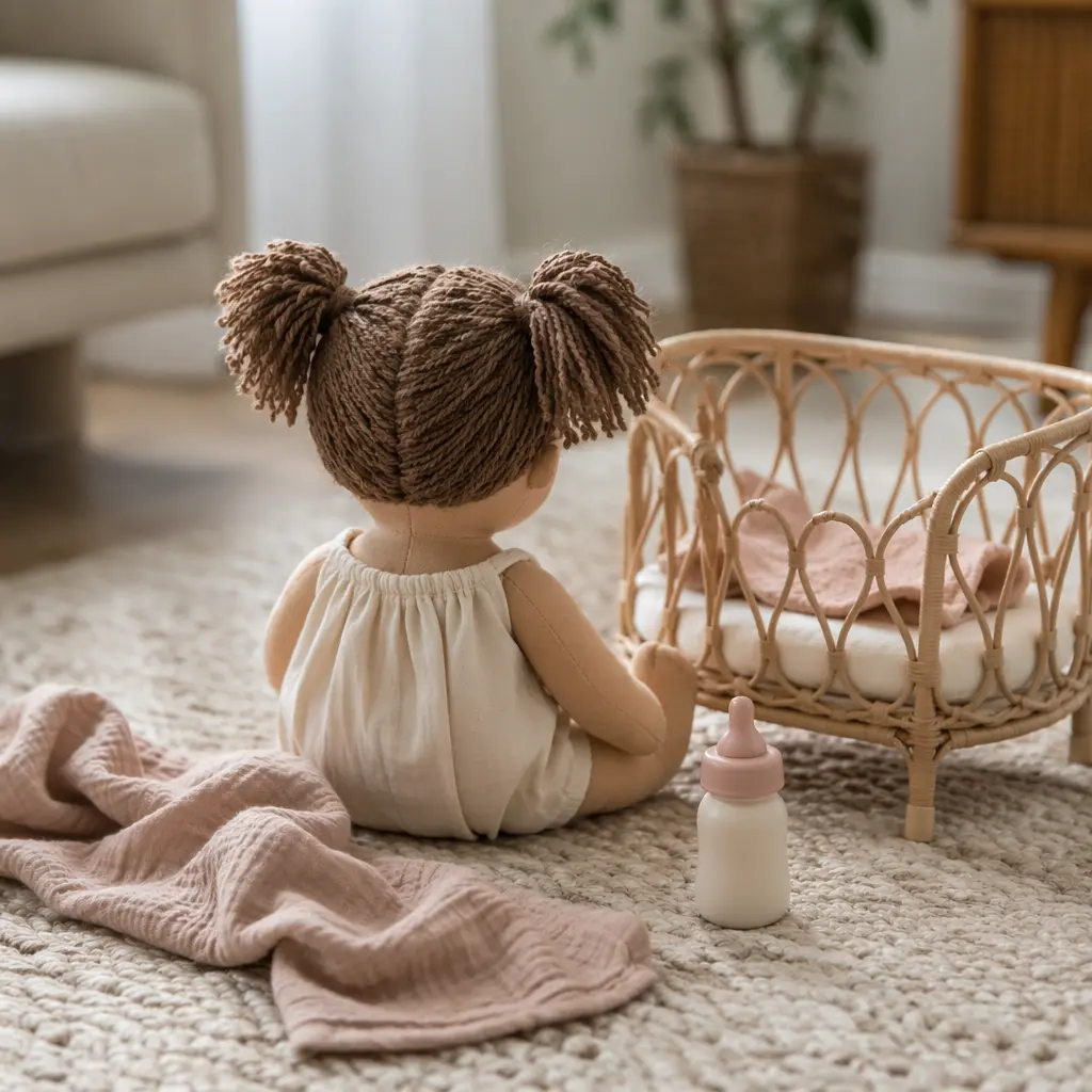 Simple toddler doll set with basic accessories arranged on a rug